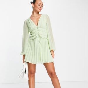 ASOS DESIGN button through ruched waist pleated mini dress Metallic/green Sz 0
